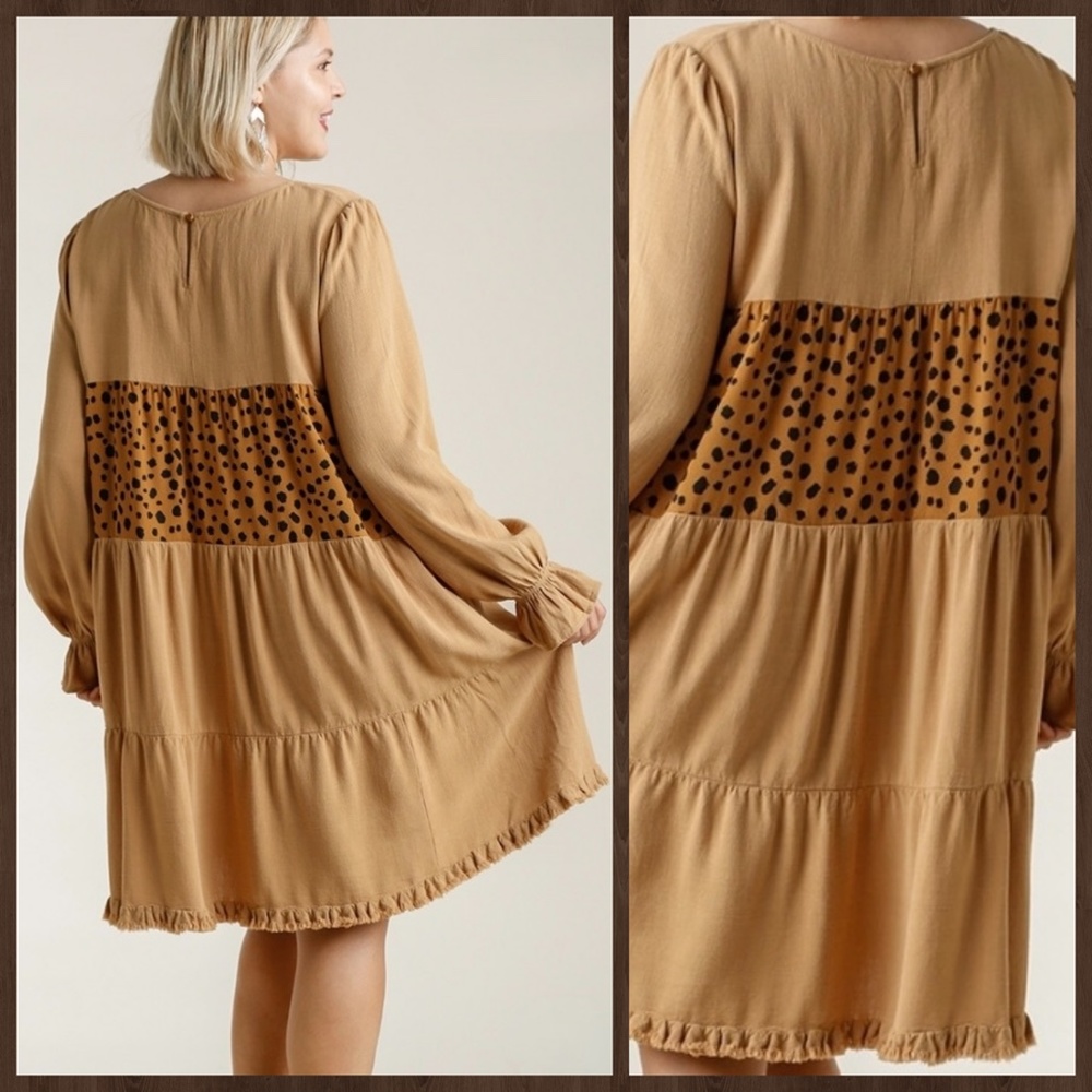 UMGEE Puff Sleeve & Ruffled Cuff Tiered Babydoll Dress Fringe Hem W/Animal Print - Picture 3 of 16